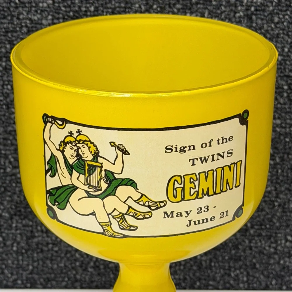 Vtg Gemini Zodiac Sign of the Twins Glass Goblet Yellow Chalice Astrology Retro